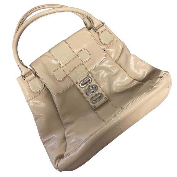 Badgley Mischka Satchel Purse Handbag Beige Tan Leather Large Bag EUC